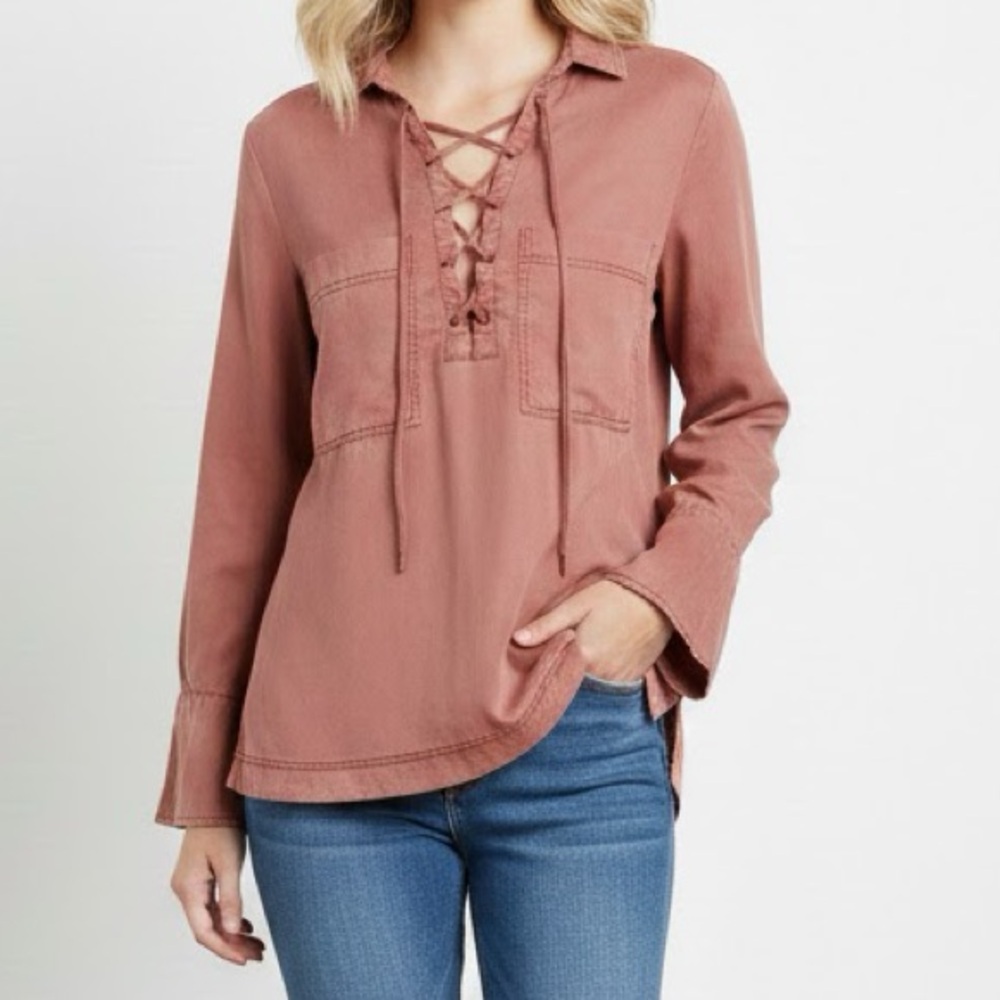 Free People Under Your Spell Brown Lace Up Long Sleeve Tencel Top XS